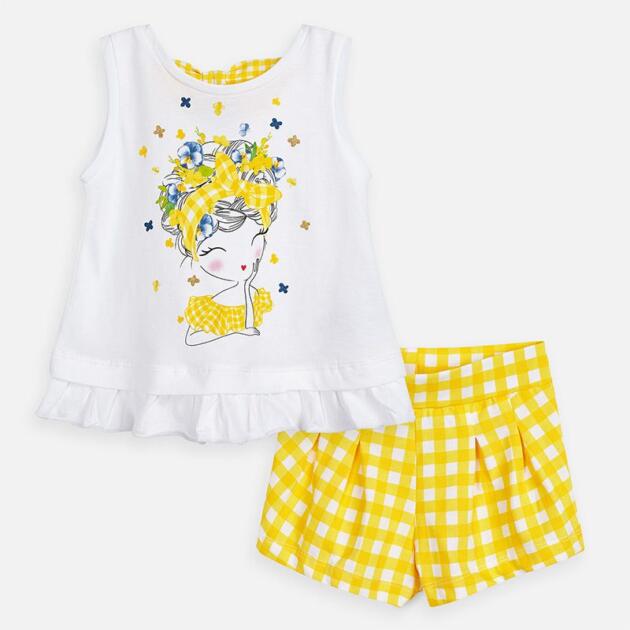 Dievčenský kockovaný kraťasový set s tričkom s volánom Mayoral žltý | Welcomebaby.sk