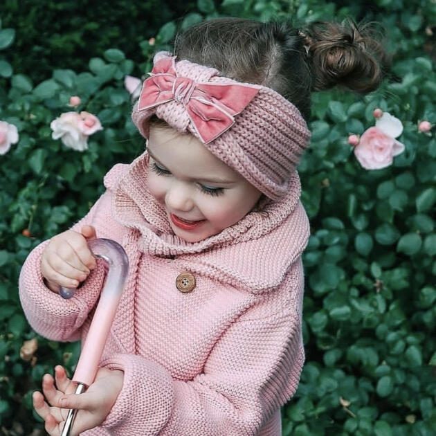 Pletená čelenka s veľkou velvet mašľou Cóndor ružová pale pink | Welcomebaby.sk