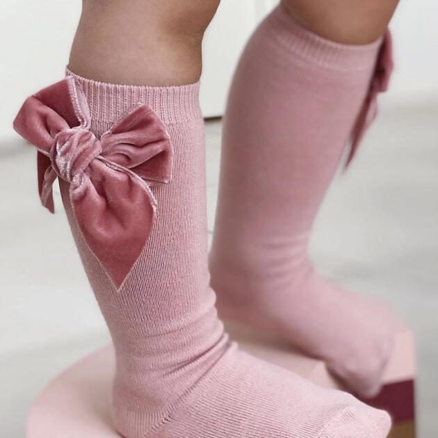 Hladké podkolienky s veľkou velvet mašľou Cóndor staroružové pale pink