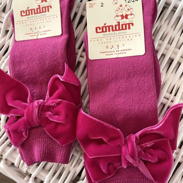 Hladké podkolienky s veľkou velvet mašľou Cóndor sýtoružové petunia | Welcomebaby.sk