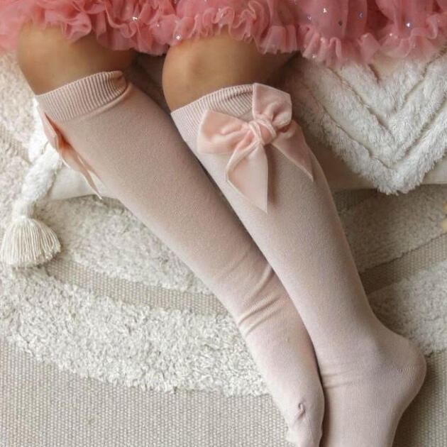 Hladké podkolienky s veľkou velvet mašľou Cóndor nude | Welcomebaby.sk