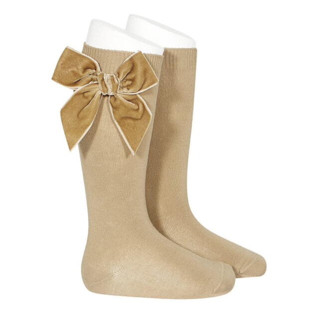 Hladké podkolienky s veľkou velvet mašľou Cóndor cappucino | Welcomebaby.sk