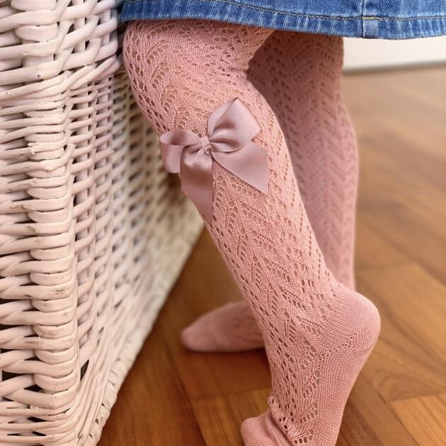 Háčkované pančušky s mašľou Cóndor staroružová tmavá pale pink | Welcomebaby.sk