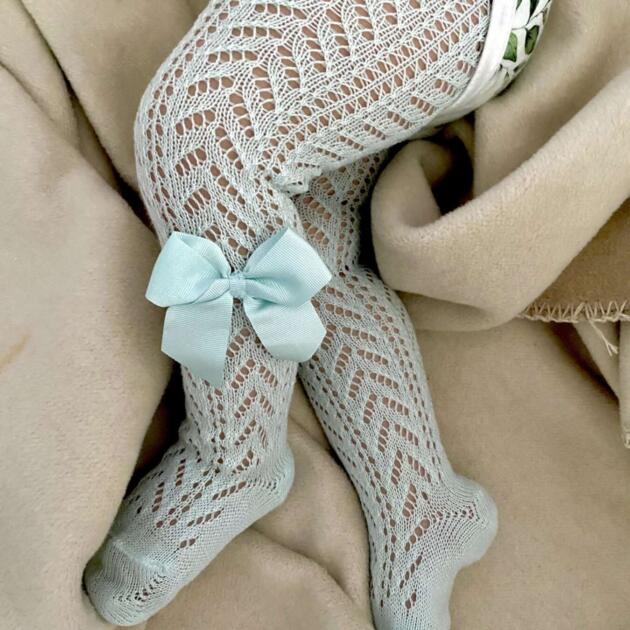 Háčkované pančuchy so saténovou mašľou Cóndor aquamarine svetlotyrkysové | Welcomebaby.sk