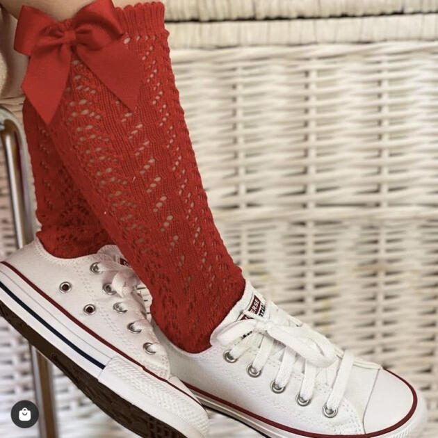Háčkované podkolienky so saténovou mašľou červené | Welcomebaby.sk