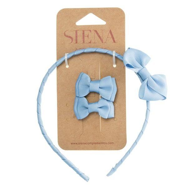 Čelenka modrá light blue s mašličkou a dvomi sponkovými mašličkami Siena | Welcomebaby.sk