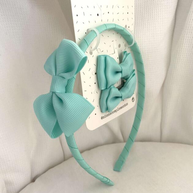 Čelenka s mašličkou a dvomi sponkovými mašličkami Siena tyrkysová aqua | Welcomebaby.sk