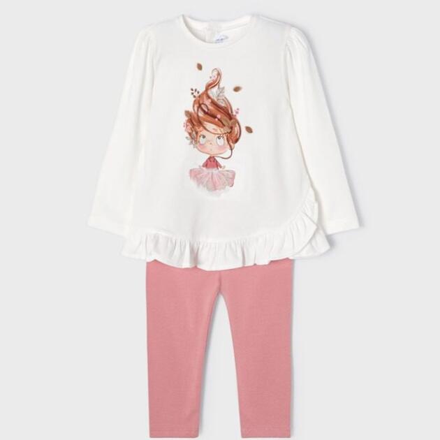 Legíny a tričko s volánom s potlačou dievčatka s veľkými vlasmi Leggings with ruffle top set baby Mayoral ružové blush 2722 | Welcomebaby.sk
