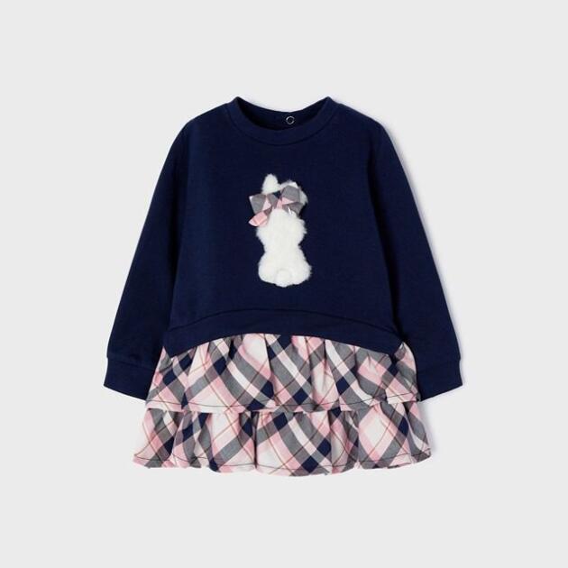 Teplákové šaty s károvanou ružovou sukňou Check combined dress baby Mayoral tmavomodrá | Welcomebaby.sk