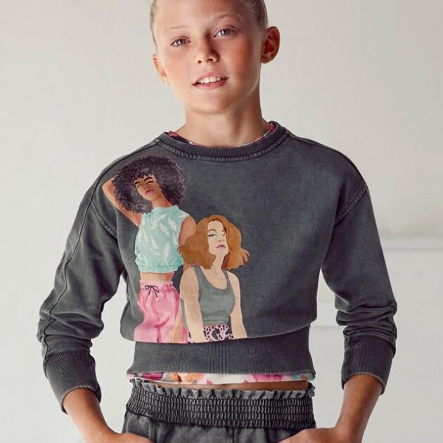 Dievčenská krátka mikina s obrázkami dám Worn effect sweatshirt girl Mayoral vyblednutá čierna 6420 | Welcomebaby.sk