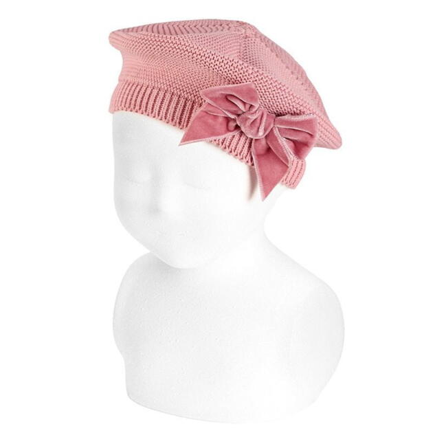 CÓNDOR Pletená baretka s velvet mašľou ružová Garter stich beret with velvet bow pale pink | Welcomebaby.sk