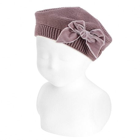CÓNDOR Pletená baretka s velvet mašľou iris fialková Garter stich beret with velvet bow | Welcomebaby.sk
