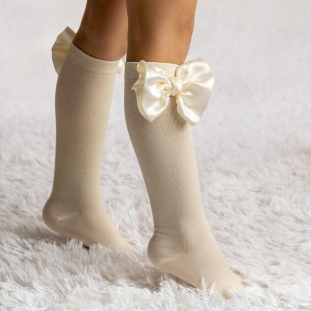 MEIA PATA MEIA PATA Hladké podkolienky maslové s dvojitou mašľou Kneesocks With Double Satin Bow Pearl 1102M | Welcomebaby.sk