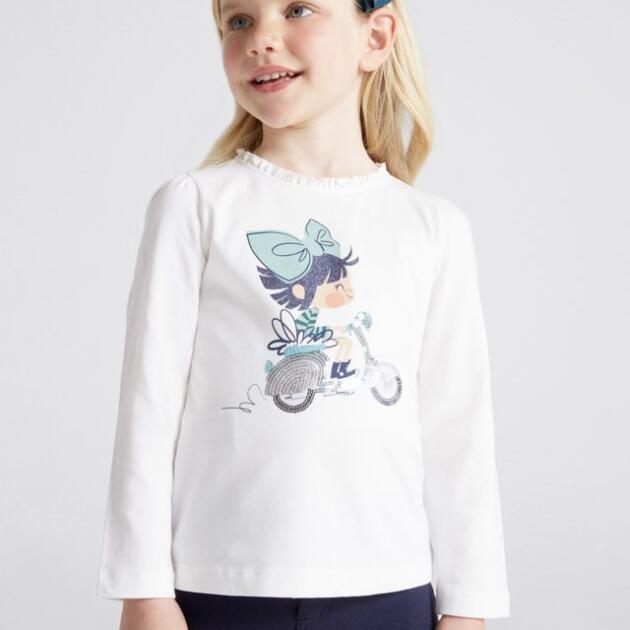 MAYORAL Tričko s dlhým rukávom s postavičkou a motorkou biele Long sleeve tshirt character white 4025 | Welcomebaby.sk