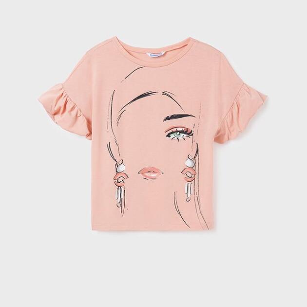 MAYORAL Tričko s tvárou ružové s nazbieranými rukávmi Tshirt short sleeves pastel 6025 | Welcomebaby.sk