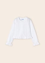 MAYORAL Sveter s jemným vzorom a volánikmi biely Sweater with a delicate pattern and ruffles white 3345 | Welcomebaby.sk