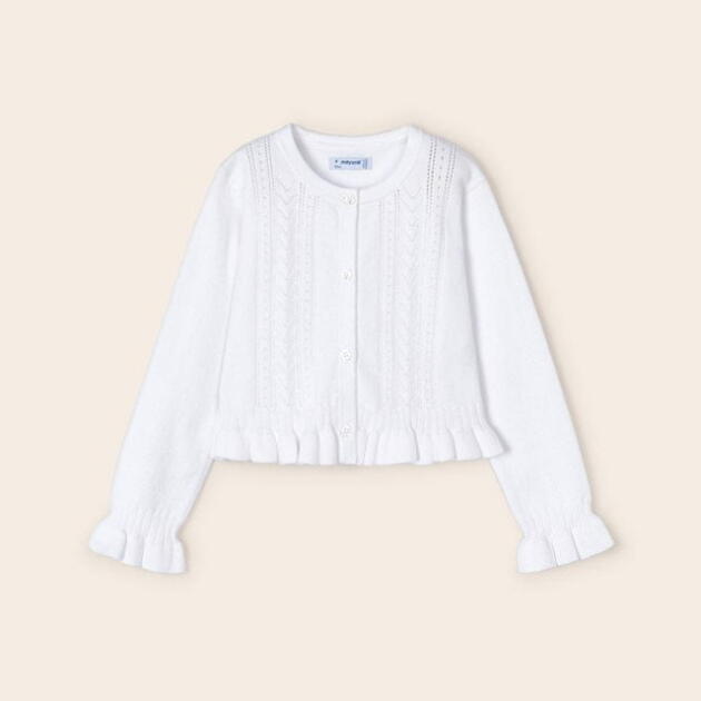 MAYORAL Sveter s jemným vzorom a volánikmi biely Sweater with a delicate pattern and ruffles white 3345 | Welcomebaby.sk