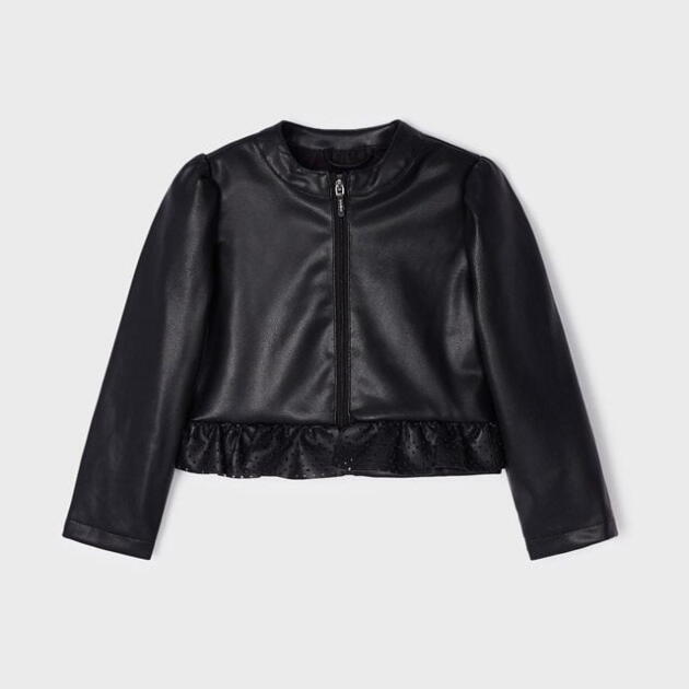 MAYORAL Koženková bunda s volánikom čierna Leatherette jacket black 3437 | Welcomebaby.sk