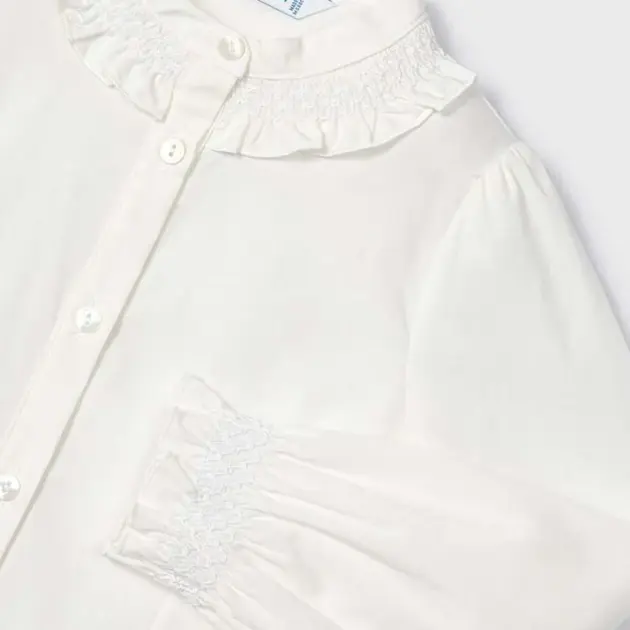MAYORAL Dievčenská blúzka s dlhým rukávom a volánmi biela Poplin blouse white 4195 | Welcomebaby.sk