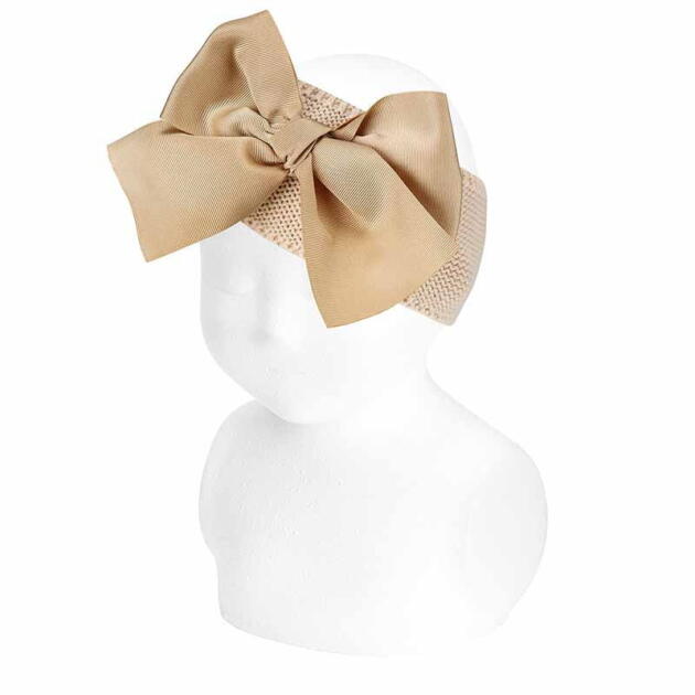 CÓNDOR Pletená čelenka béžová s veľkou saténovou mašľou Garter stitch headband large bow beige 50073 | Welcomebaby.sk