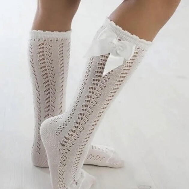 MEIA PATA Háčkované podkolienky biele so saténovou mašľou Openwork Perle Fantasy Knee High Socks With Satin Side Bow 1045M | Welcomebaby.sk