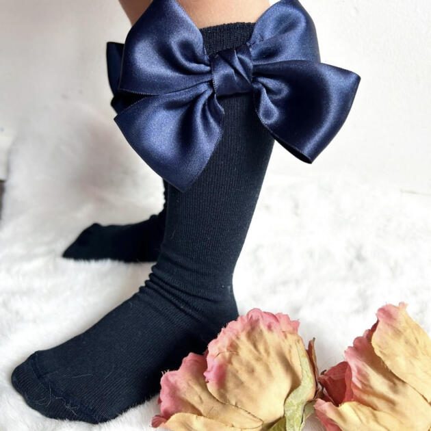 MEIA PATA Podkolienky tmavomodré s dvojitou saténovou mašľou Kneesocks navy blue with double satin bow 1102M | Welcomebaby.sk