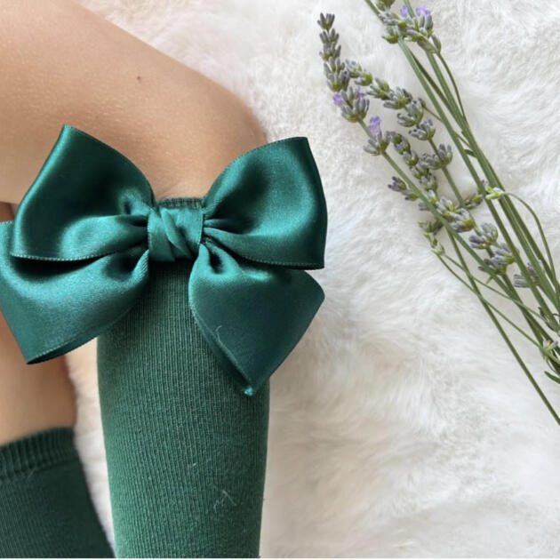 MEIA PATA Podkolienky zelené s dvojitou saténovou mašľou Kneesocks bottle green with double satin bow 1102M | Welcomebaby.sk