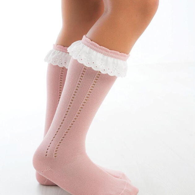 MEIA PATA Podkolienky staroružové s madeirou a so vzorom Perle Kneesocks english lace dry pink 1041M | Welcomebaby.sk