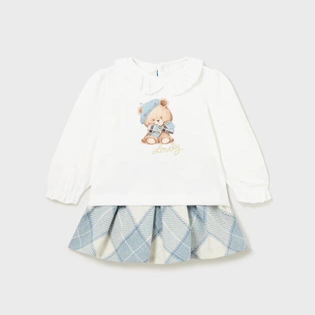 MAYORAL Sukňový set s tričkom s dlhým rukávom a károvanou sukňou modrý Plaid skirt set bluebell 2995 | Welcomebaby.sk