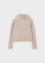 MAYORAL Dievčenský rebrovaný sveter s kožušinovým golierom na gombíky béžový Cardigan beige 4309 | Welcomebaby.sk