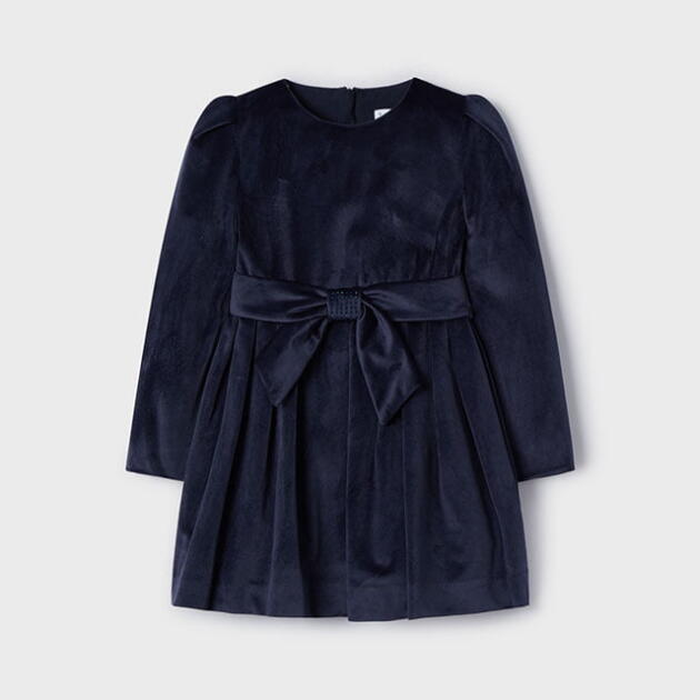 MAYORAL Dievčenské zamatové šaty s opaskom s mašľou tmavomodré Velvet dress navy 4917 | Welcomebaby.sk