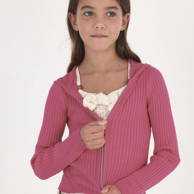 MAYORAL Dievčenský rebrovaný sveter s kapucňou na zips ružový Knitting pullover 6435 | Welcomebaby.sk