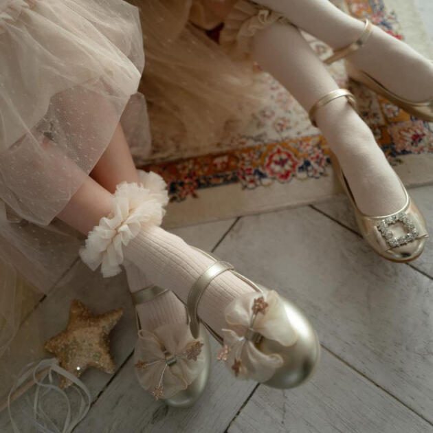 NENA BEBE Rebrované ponožky svetlá béžová s tylovým volánom Socks tulle light beige 5039 | Welcomebaby.sk