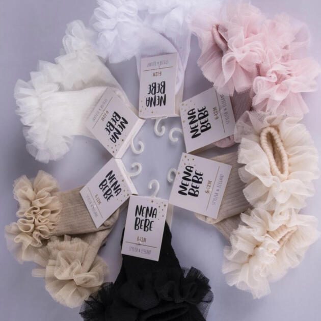 NENA BEBE Rebrované ponožky maslové s tylovým volánom Socks tulle butter 5039 | Welcomebaby.sk