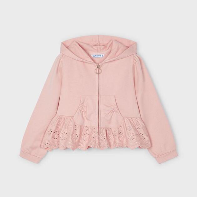 MAYORAL Dievčenská mikina s volánom a kapucňou ružová Girl zip ruffle hoodie blush 3477 | Welcomebaby.sk