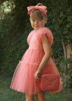 ABEL & LULA Tylové šaty s nariasenými rukávmi Tulle dress 5047 salmon | Welcomebaby.sk