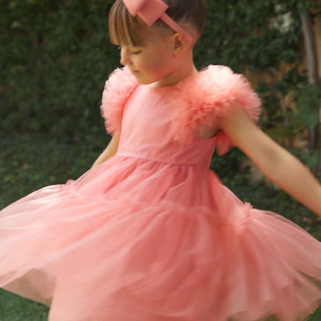 ABEL & LULA Tylové šaty s nariasenými rukávmi Tulle dress 5047 salmon | Welcomebaby.sk