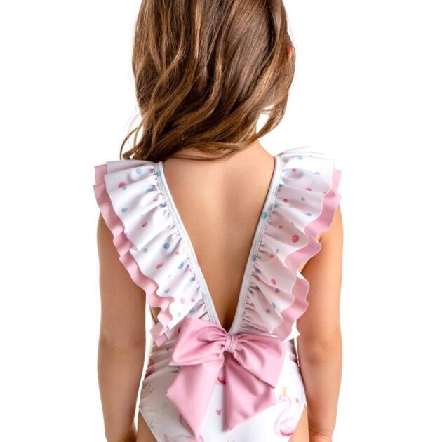MEIA PATA Jednodielne plavky s volánom a mašľou labute Swimsuit SAINT TROPEZ ružové MP001SS22 | Welcomebaby.sk
