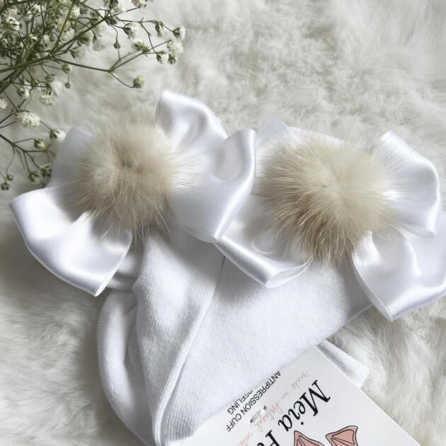 MEIA PATA Podkolienky s dvojitou mašľou a brmbolcom biele Kneesocks with double satin bow and pompom white 1103M | Welcomebaby.sk