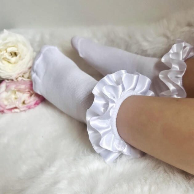 MEIA PATA Ponožky biele so saténovým volánom Socks satin league white 3047S | Welcomebaby.sk