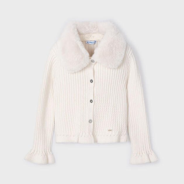 MAYORAL Dievčenský rebrovaný sveter s kožušinovým golierom krémový Cardigan cream 4362 | Welcomebaby.sk